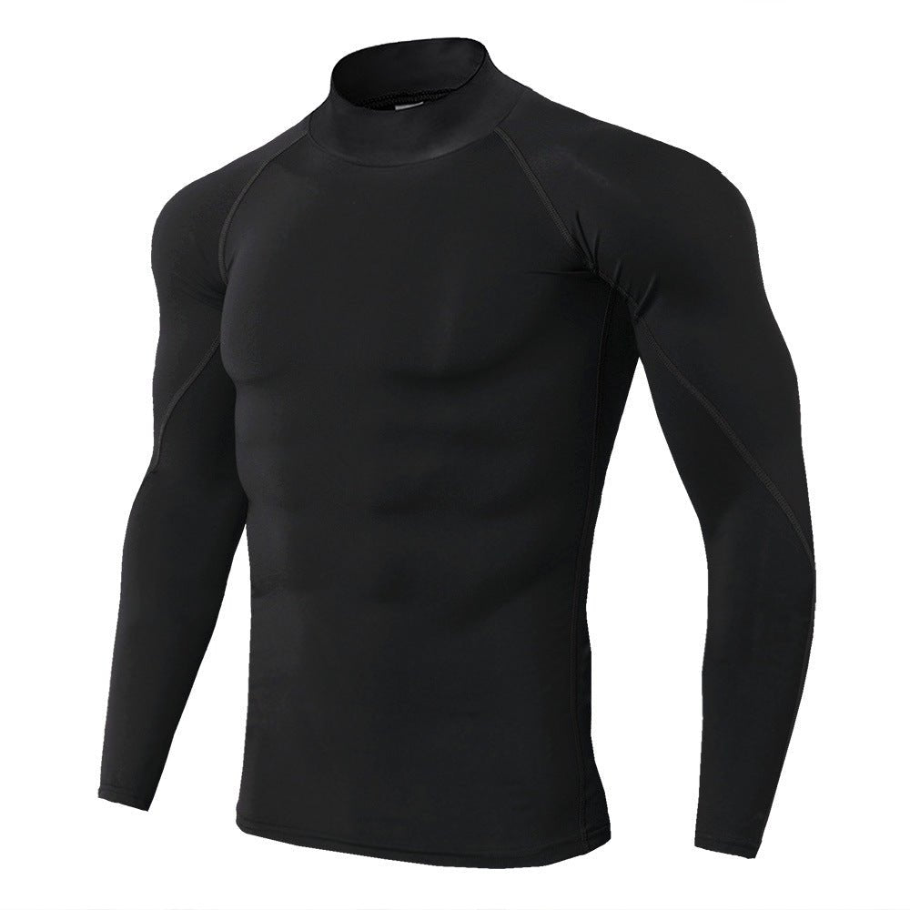 Men's high collar fitness long sleeve Pro sports running long sleeve T-shirt autumn and winter elastic speed - Allen Fitness