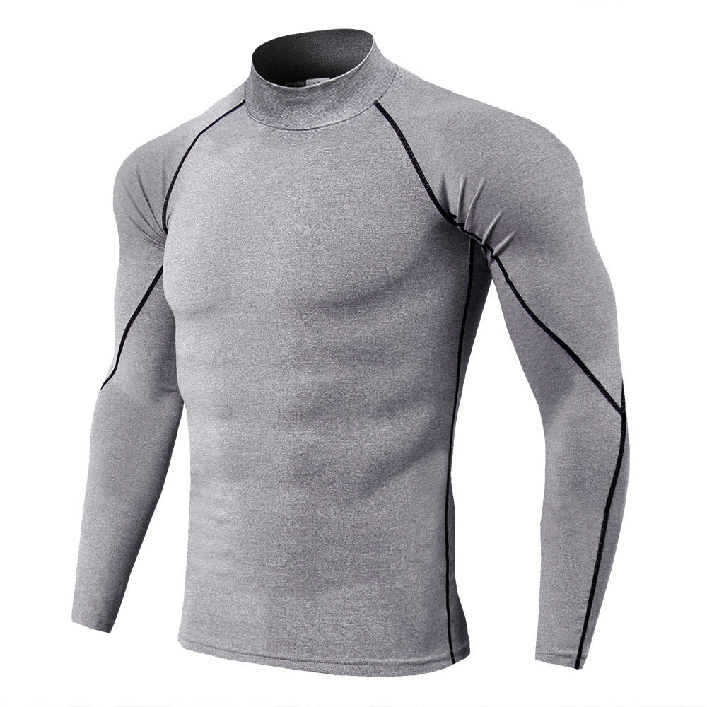 Men's high collar fitness long sleeve Pro sports running long sleeve T-shirt autumn and winter elastic speed - Allen Fitness