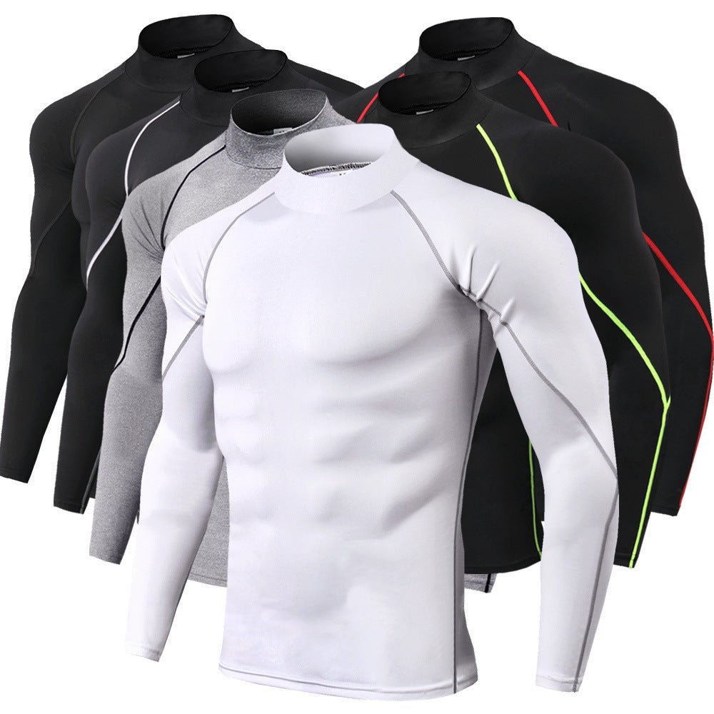 Men's high collar fitness long sleeve Pro sports running long sleeve T-shirt autumn and winter elastic speed - Allen Fitness