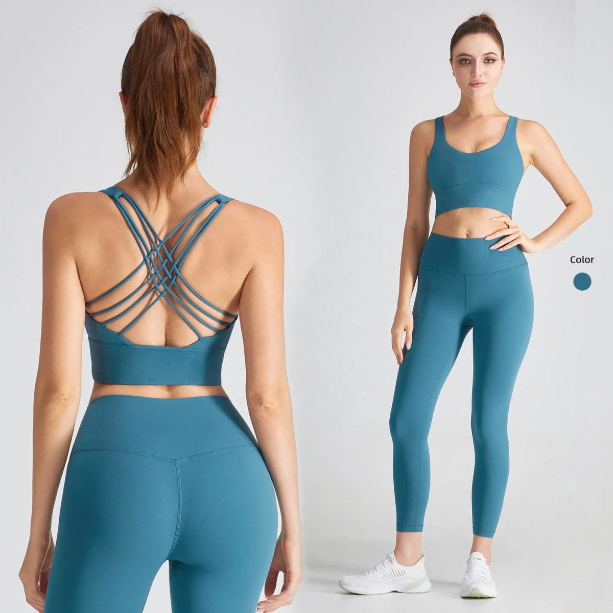 2022 Newly Women 2 Pcs Yoga Set Backless Workout Bra High Waist Gym Leggings - Allen - Fitness