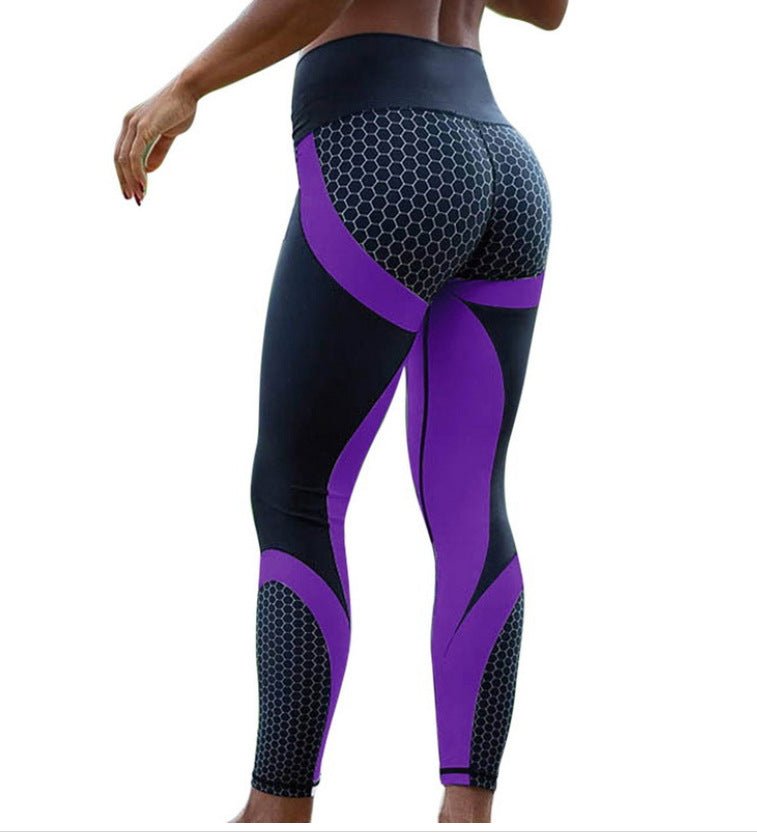 a woman wearing a purple and black leggings