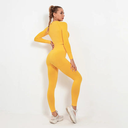 Women Wholesale 14 Colors Seamless Long Sleeve Top And Leggings Set Yoga Workout Suit - Allen Fitness