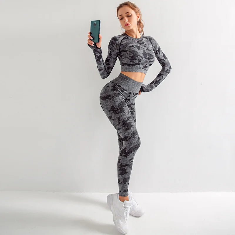 Women 2 Pieces Backless Breathable Long Sleeve Top Seamless Leggings Set Camouflage Activewear Yoga Suit - Allen Fitness