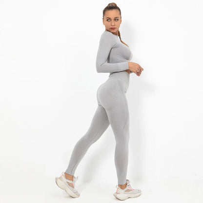 Women Wholesale 14 Colors Seamless Long Sleeve Top And Leggings Set Yoga Workout Suit - Allen Fitness