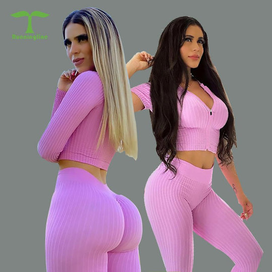 Seamless Ribbed Zipper Short Sleeve Top and Peach Bum Legging Athletic Gym Apparel custom yoga set - Allen Fitness