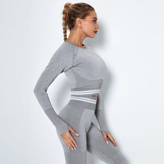 Women Waist Stripe Seamless Seamless Crop Top Yoga Top Long Sleeve Shirt Gym Clothes - Allen Fitness