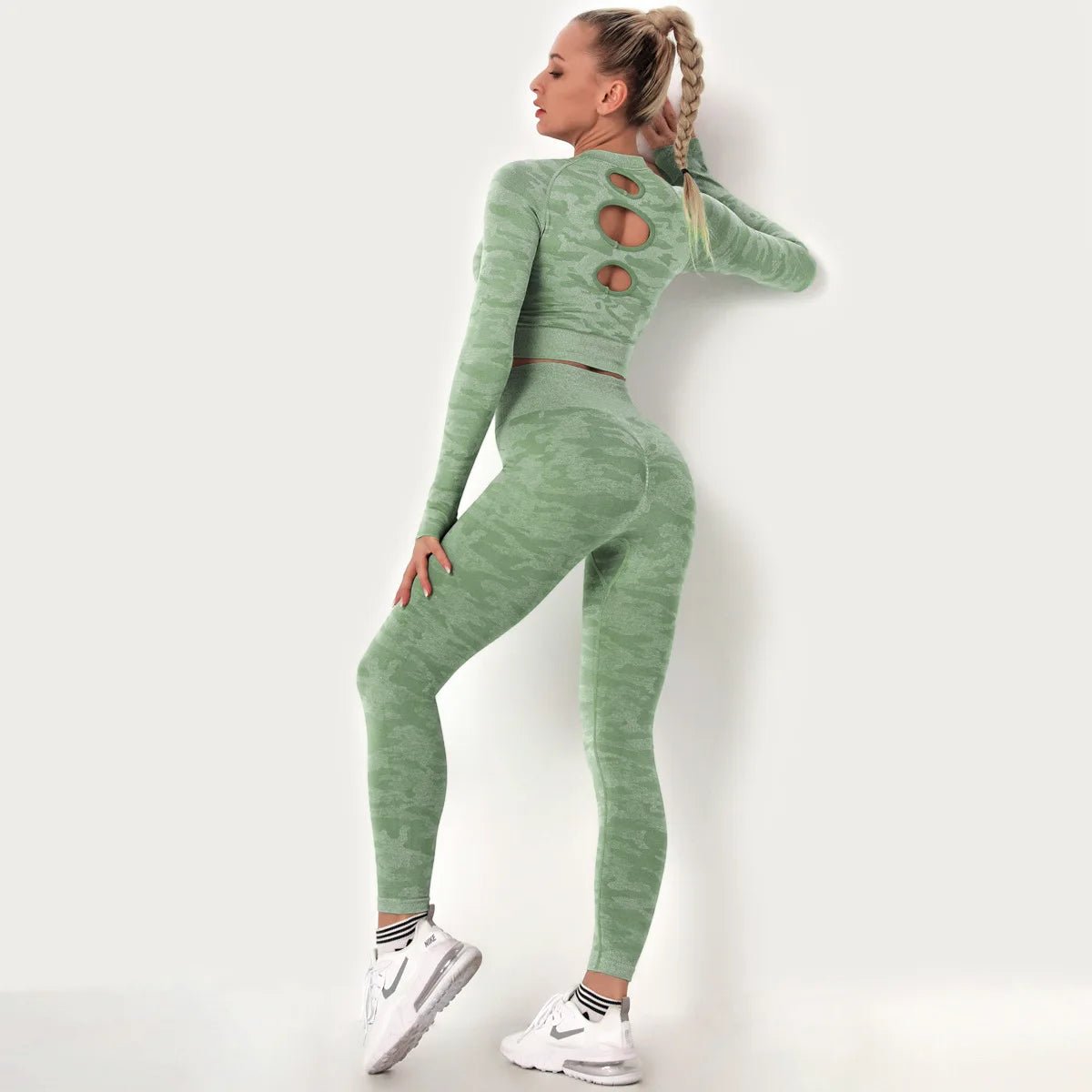 Women 2 Pieces Backless Breathable Long Sleeve Top Seamless Leggings Set Camouflage Activewear Yoga Suit - Allen Fitness