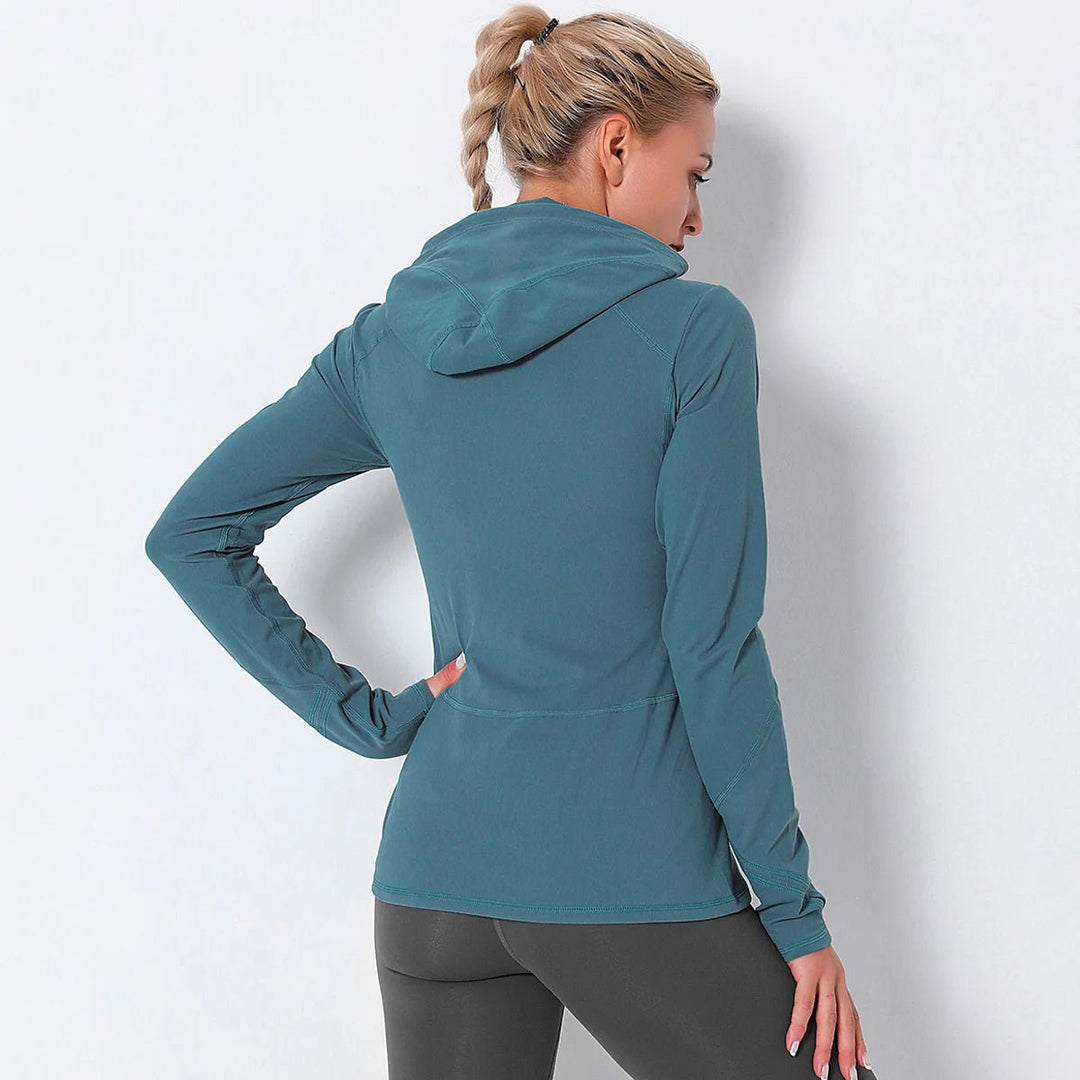 Women Autumn Zipper Design Long Sleeve Gym Fitness Running Jogger Outfit With Hood - Allen Fitness