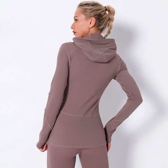 Women Autumn Zipper Design Long Sleeve Gym Fitness Running Jogger Outfit With Hood - Allen Fitness