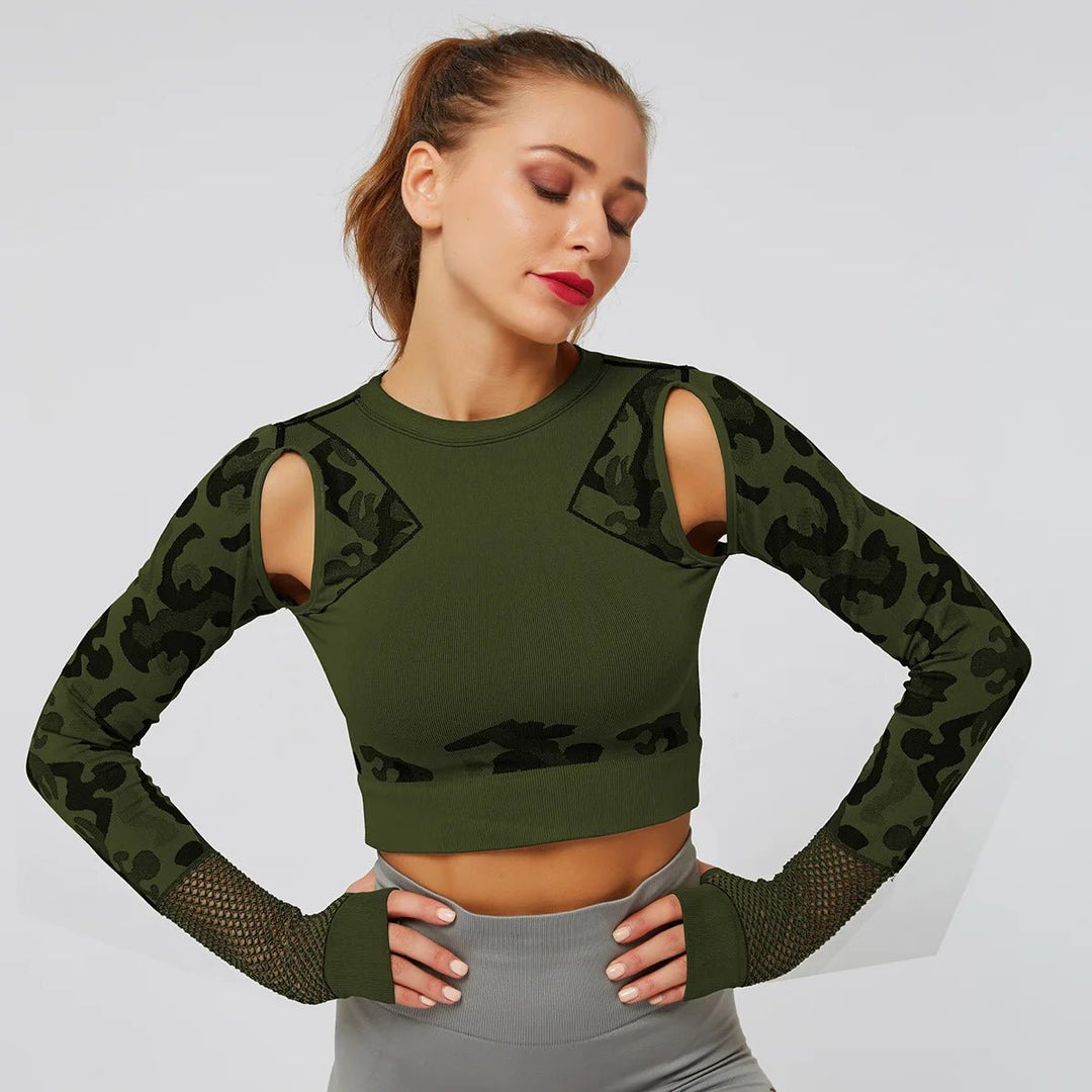 Summer Long Sleeve Crop Top Women Fitness Gym Yoga Sports Camouflage Seamless Breathable Yoga Top - Allen Fitness