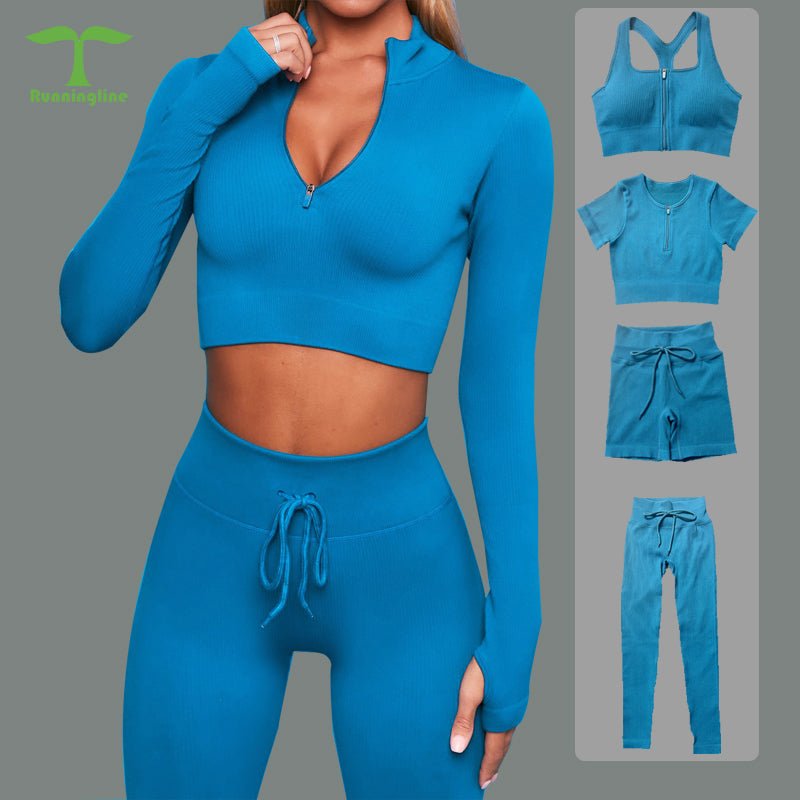 Front Zip Long Sleeve Crop Top Seamless Ribbed Texture Full Length High Waist Workout Fitness Legging workout clothes set - Allen Fitness