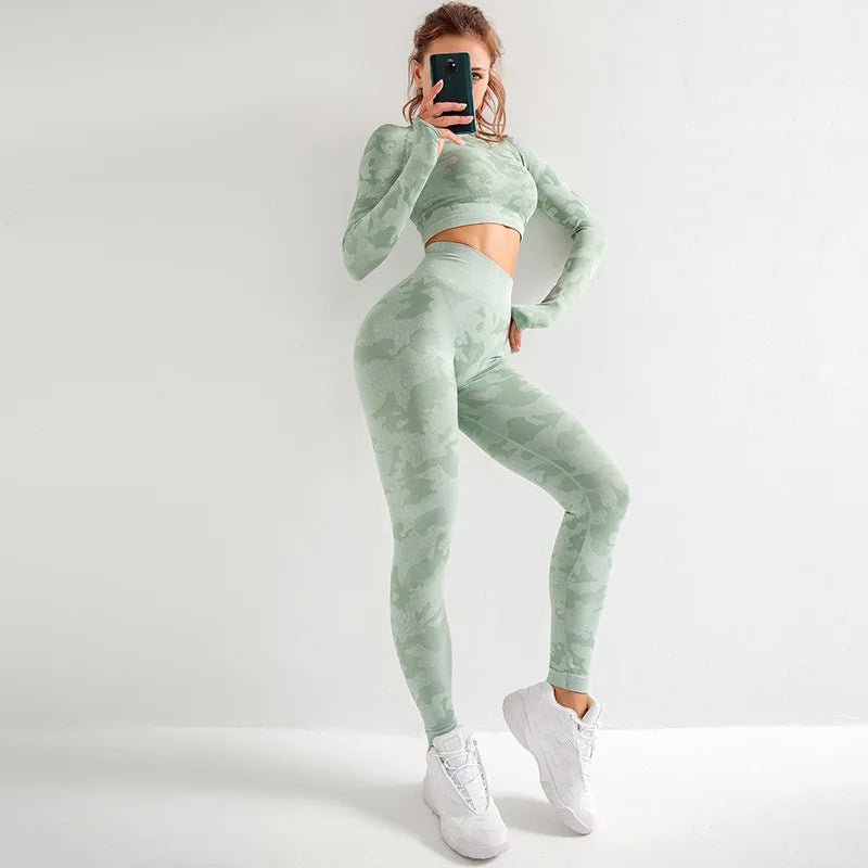 Women 2 Pieces Backless Breathable Long Sleeve Top Seamless Leggings Set Camouflage Activewear Yoga Suit - Allen Fitness