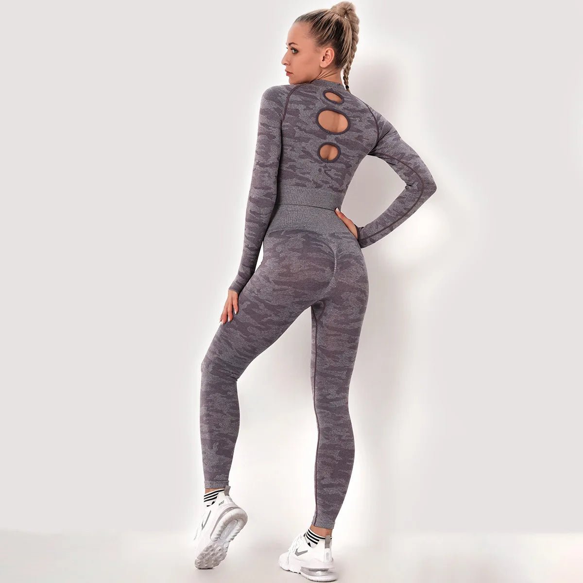 Women 2 Pieces Backless Breathable Long Sleeve Top Seamless Leggings Set Camouflage Activewear Yoga Suit - Allen Fitness