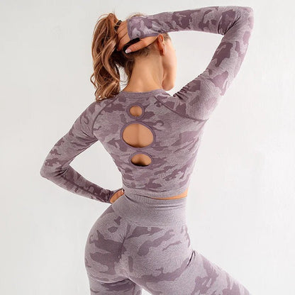 Women 2 Pieces Backless Breathable Long Sleeve Top Seamless Leggings Set Camouflage Activewear Yoga Suit - Allen Fitness