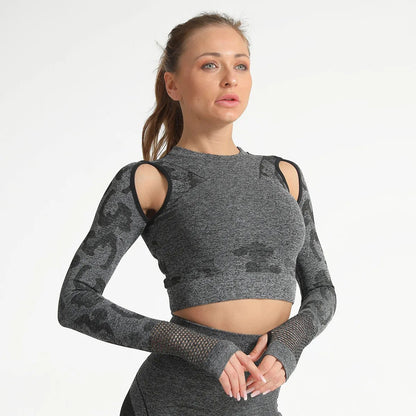 Summer Long Sleeve Crop Top Women Fitness Gym Yoga Sports Camouflage Seamless Breathable Yoga Top - Allen Fitness