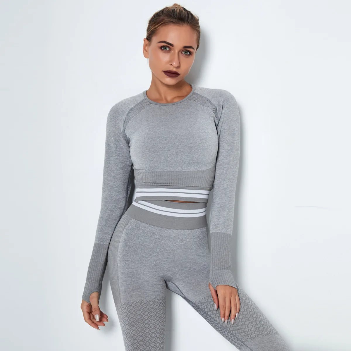 Women Waist Stripe Seamless Seamless Crop Top Yoga Top Long Sleeve Shirt Gym Clothes - Allen Fitness