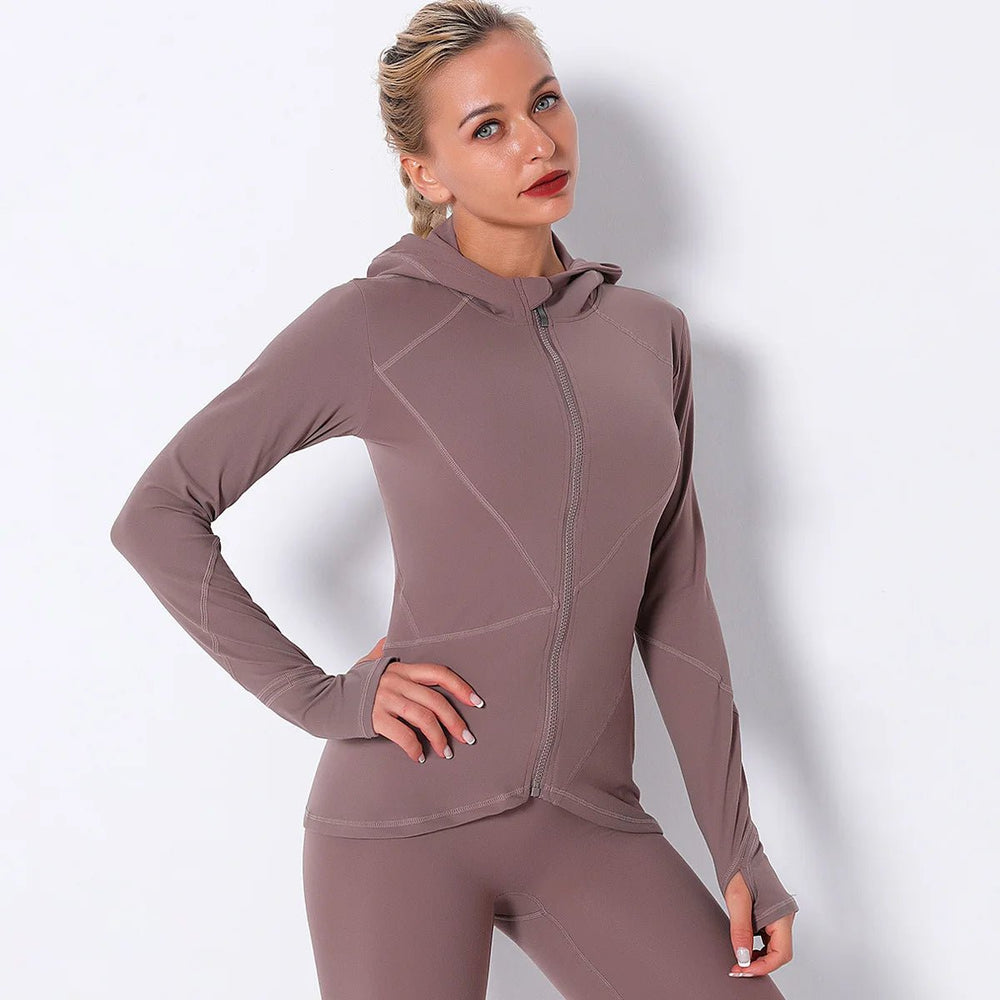 Women Autumn Zipper Design Long Sleeve Gym Fitness Running Jogger Outfit With Hood - Allen Fitness