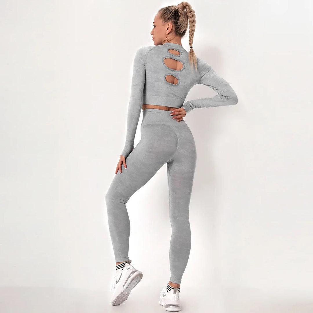 Women 2 Pieces Backless Breathable Long Sleeve Top Seamless Leggings Set Camouflage Activewear Yoga Suit - Allen Fitness