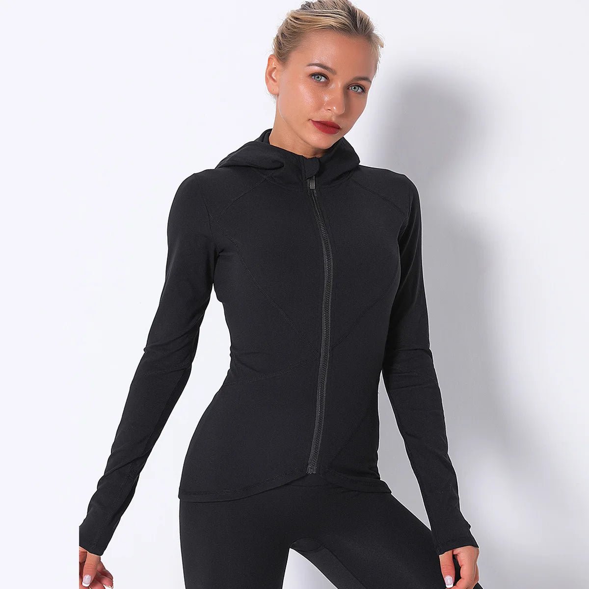 Women Autumn Zipper Design Long Sleeve Gym Fitness Running Jogger Outfit With Hood - Allen Fitness