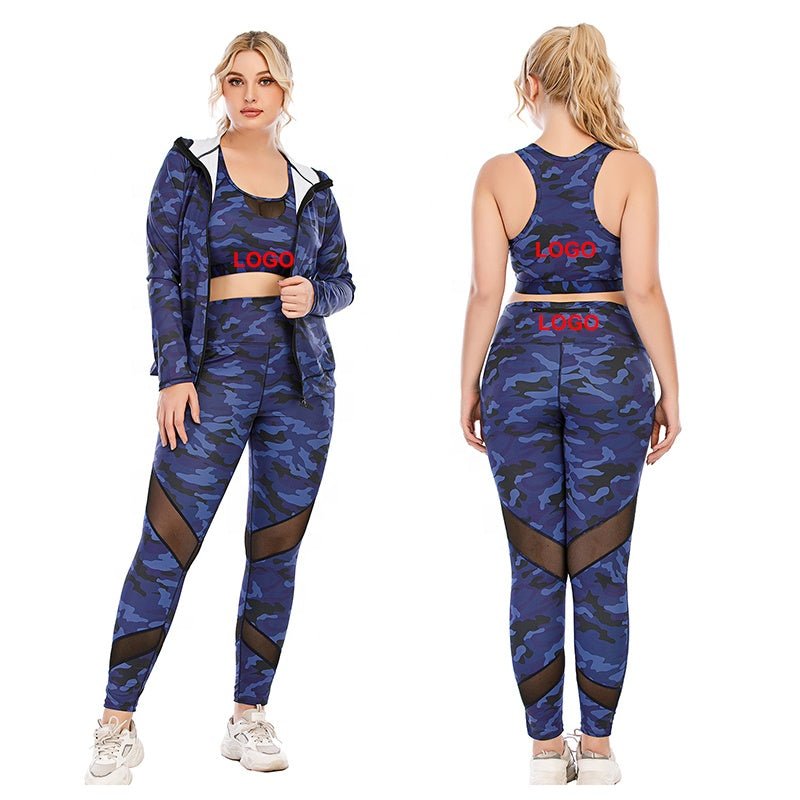 Blue Camouflage Yoga Sets 3XL Women's Sportswear Plus Size 3pcs Yoga Suit Legging Fitness Sports Bra Jacket Fall Yoga Set 20set - Allen Fitness