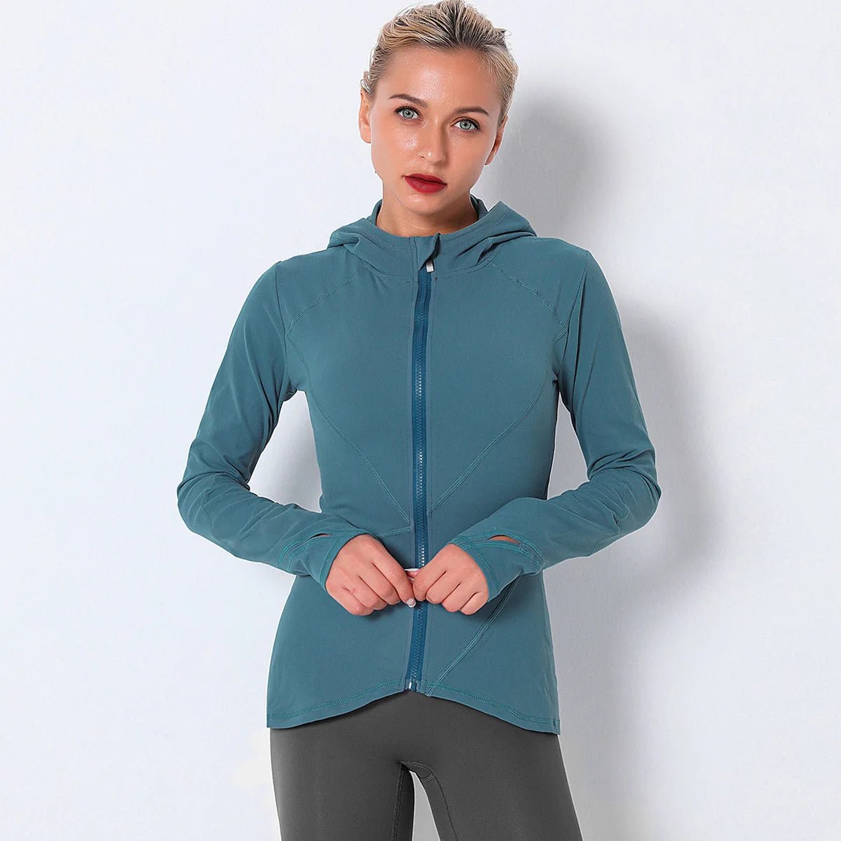 Women Autumn Zipper Design Long Sleeve Gym Fitness Running Jogger Outfit With Hood - Allen Fitness