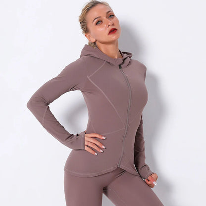 Women Autumn Zipper Design Long Sleeve Gym Fitness Running Jogger Outfit With Hood - Allen Fitness