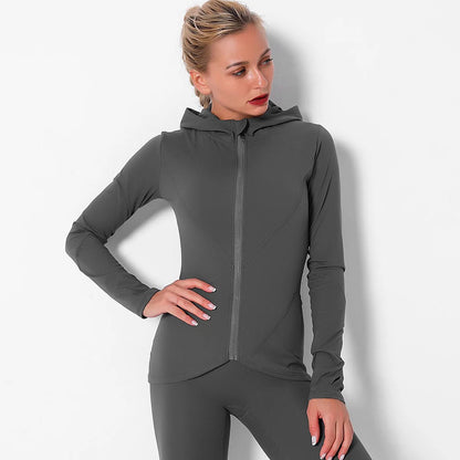 Women Autumn Zipper Design Long Sleeve Gym Fitness Running Jogger Outfit With Hood - Allen Fitness