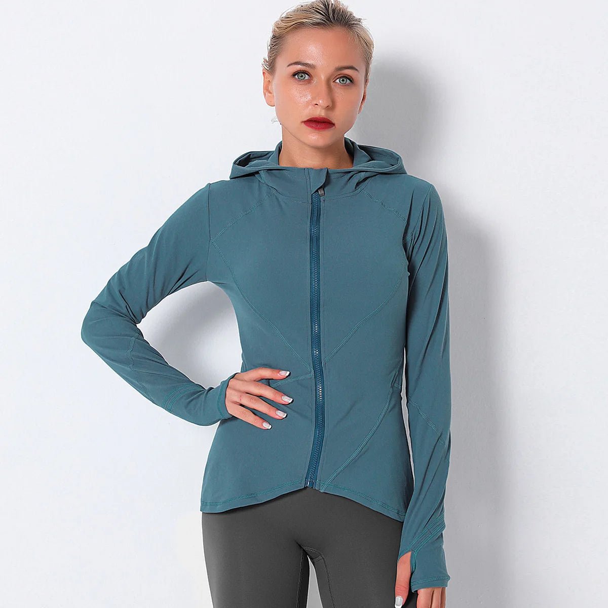 Women Autumn Zipper Design Long Sleeve Gym Fitness Running Jogger Outfit With Hood - Allen Fitness