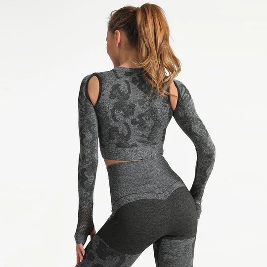 Summer Long Sleeve Crop Top Women Fitness Gym Yoga Sports Camouflage Seamless Breathable Yoga Top - Allen Fitness