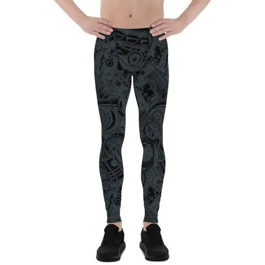 Mens Leggings - Black Leggings with Auto Parts - Allen-Fitness