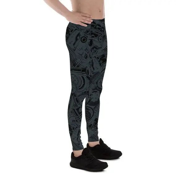 Mens Leggings - Black Leggings with Auto Parts - Allen-Fitness