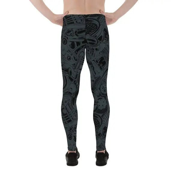 Mens Leggings - Black Leggings with Auto Parts - Allen-Fitness