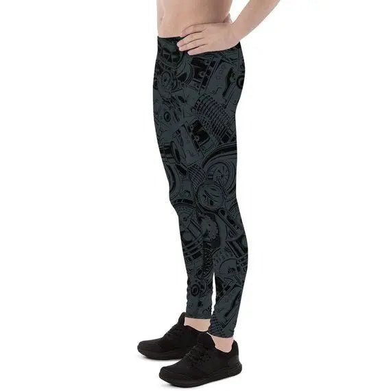 Mens Leggings - Black Leggings with Auto Parts - Allen-Fitness