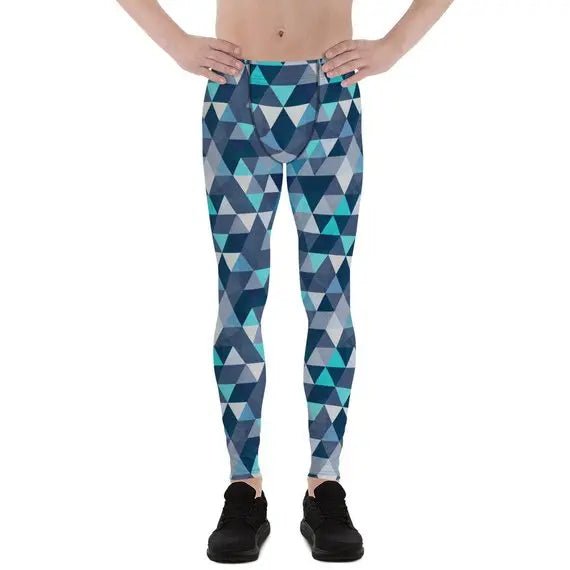 Mens Leggings - Blue Geometric Triangles Leggings - Allen-Fitness