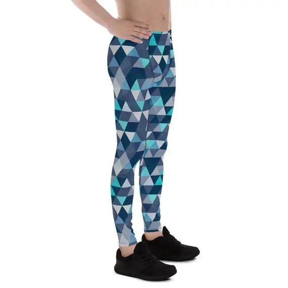 Mens Leggings - Blue Geometric Triangles Leggings - Allen-Fitness