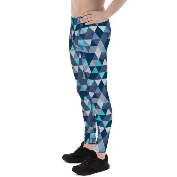 Mens Leggings - Blue Geometric Triangles Leggings - Allen-Fitness