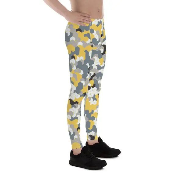 Mens Leggings - Yellow Sports Camo Leggings - Allen-Fitness