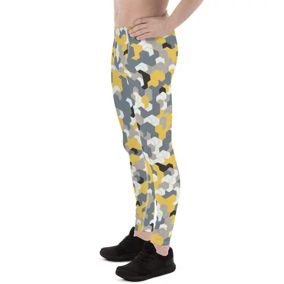 Mens Leggings - Yellow Sports Camo Leggings - Allen-Fitness