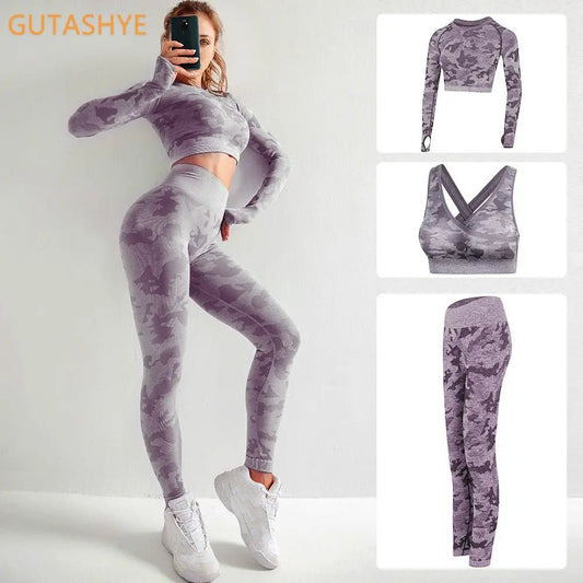 3PCS/Set Camouflage Yoga Set Women Seamless Fitness Yoga Bra Sports Bra High Waist GYM Camo leggings Pants Fitness Suits Workout - Allen-Fitness