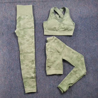 3PCS/Set Camouflage Yoga Set Women Seamless Fitness Yoga Bra Sports Bra High Waist GYM Camo leggings Pants Fitness Suits Workout - Allen-Fitness