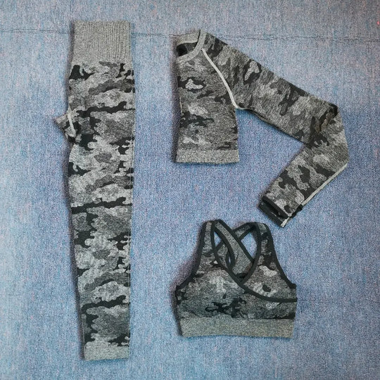 3PCS/Set Camouflage Yoga Set Women Seamless Fitness Yoga Bra Sports Bra High Waist GYM Camo leggings Pants Fitness Suits Workout - Allen-Fitness