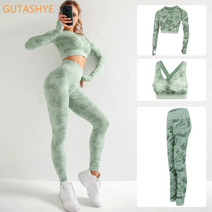 3PCS/Set Camouflage Yoga Set Women Seamless Fitness Yoga Bra Sports Bra High Waist GYM Camo leggings Pants Fitness Suits Workout - Allen-Fitness