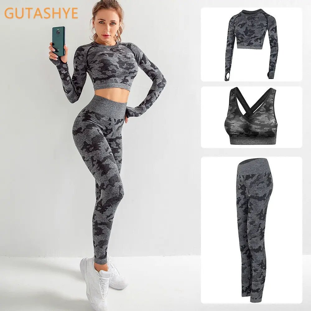 3PCS/Set Camouflage Yoga Set Women Seamless Fitness Yoga Bra Sports Bra High Waist GYM Camo leggings Pants Fitness Suits Workout - Allen-Fitness