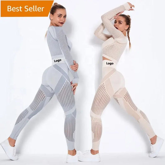 Women High waist Fitness Leggings Sport Set Tracksuit Workout Long Sleeve Seamless Yoga Clothes - Allen-Fitness