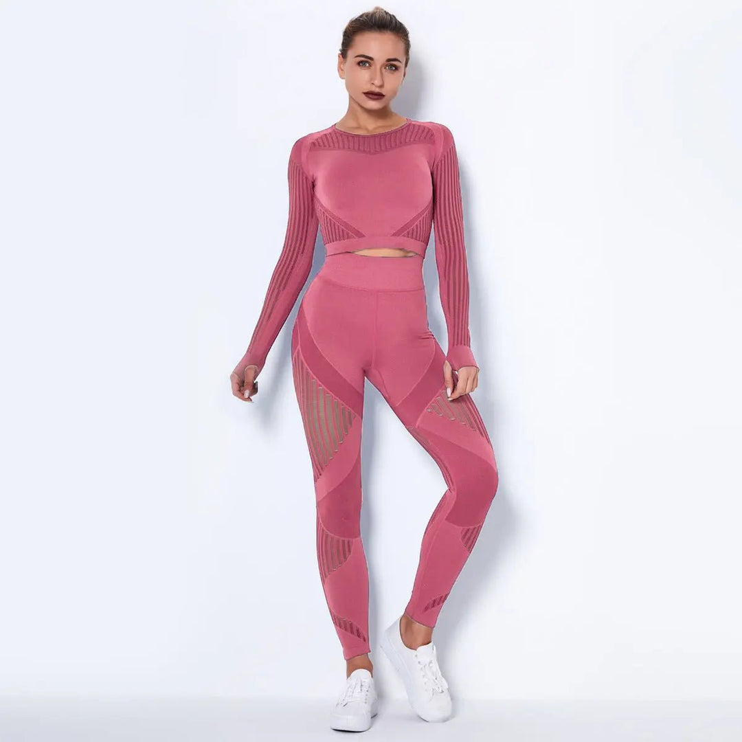 Women High waist Fitness Leggings Sport Set Tracksuit Workout Long Sleeve Seamless Yoga Clothes - Allen-Fitness