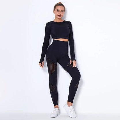 Women High waist Fitness Leggings Sport Set Tracksuit Workout Long Sleeve Seamless Yoga Clothes - Allen-Fitness