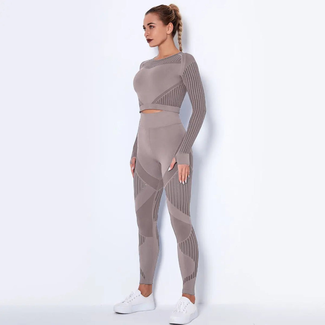 Women High waist Fitness Leggings Sport Set Tracksuit Workout Long Sleeve Seamless Yoga Clothes - Allen-Fitness