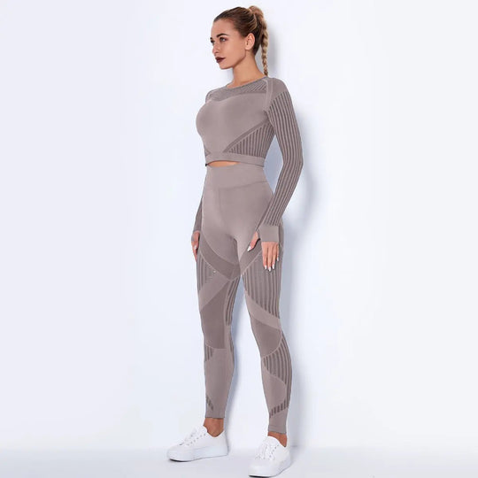 Women High waist Fitness Leggings Sport Set Tracksuit Workout Long Sleeve Seamless Yoga Clothes - Allen-Fitness