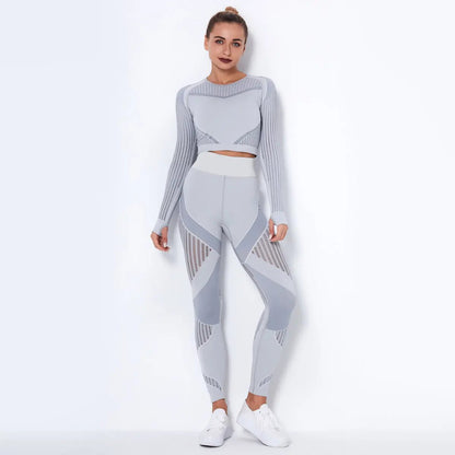 Women High waist Fitness Leggings Sport Set Tracksuit Workout Long Sleeve Seamless Yoga Clothes - Allen-Fitness