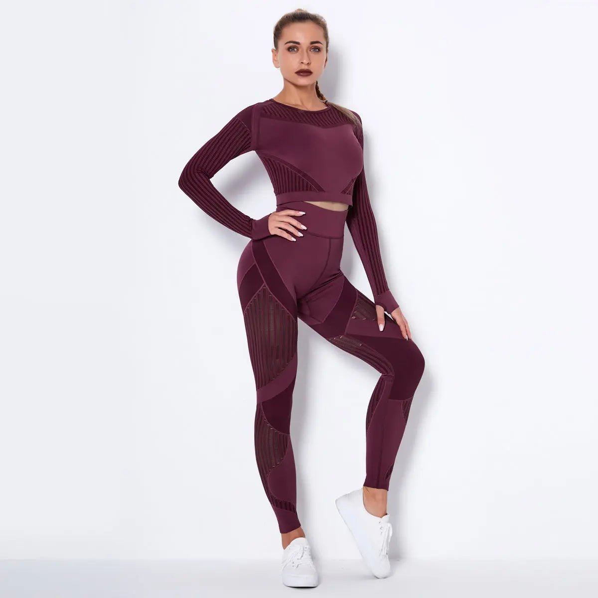 Women High waist Fitness Leggings Sport Set Tracksuit Workout Long Sleeve Seamless Yoga Clothes - Allen-Fitness